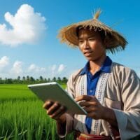 Ketahanan Pangan: Fondasi Kemandirian Bangsa, Tugas Bersama Kita Petani muda memegang tablet di sawah, dengan latar belakang sawah hijau dan langit cerah.
