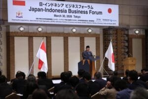 Prabowo Subianto saat pidato di forum bisnis Indonesia Jepang di Tokyo