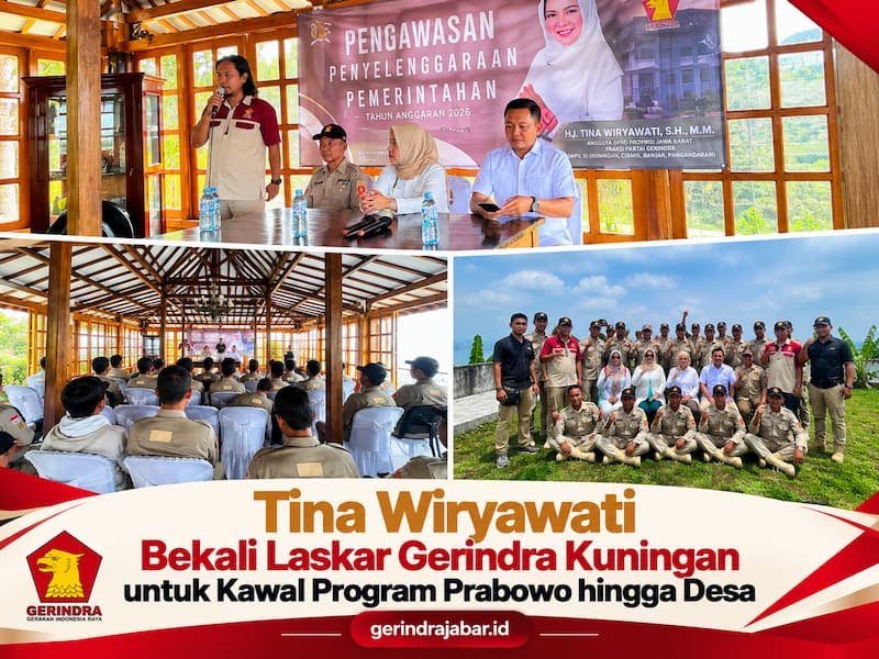 Tina Wiryawati memberikan pembekalan kepada Laskar Gerindra Kuningan dalam kegiatan pengawasan penyelenggaraan pemerintahan dan pengawalan program Prabowo hingga desa.