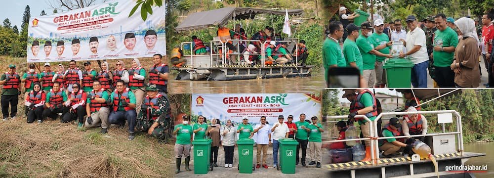 Gerindra Jabar dalam kegiatan Gerakan ASRI di Kali Bekasi Kemang Pratama, Kota Bekasi, meliputi aksi bersih sungai dan penyerahan tempat sampah