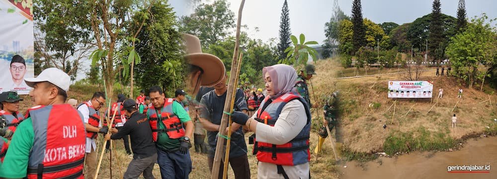 Gerindra Jabar dalam kegiatan Gerakan ASRI menanam pohon di bantaran Kali Bekasi bersama relawan dan peserta kegiatan lingkungan