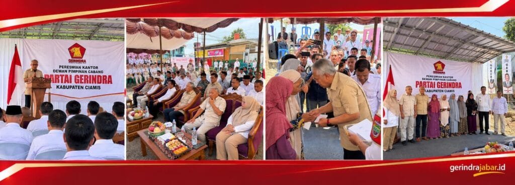 Rangkaian kegiatan peresmian gedung baru DPC Gerindra Kabupaten Ciamis, mulai dari penyampaian sambutan, kehadiran tamu, penyerahan bantuan kepada warga, hingga foto bersama.