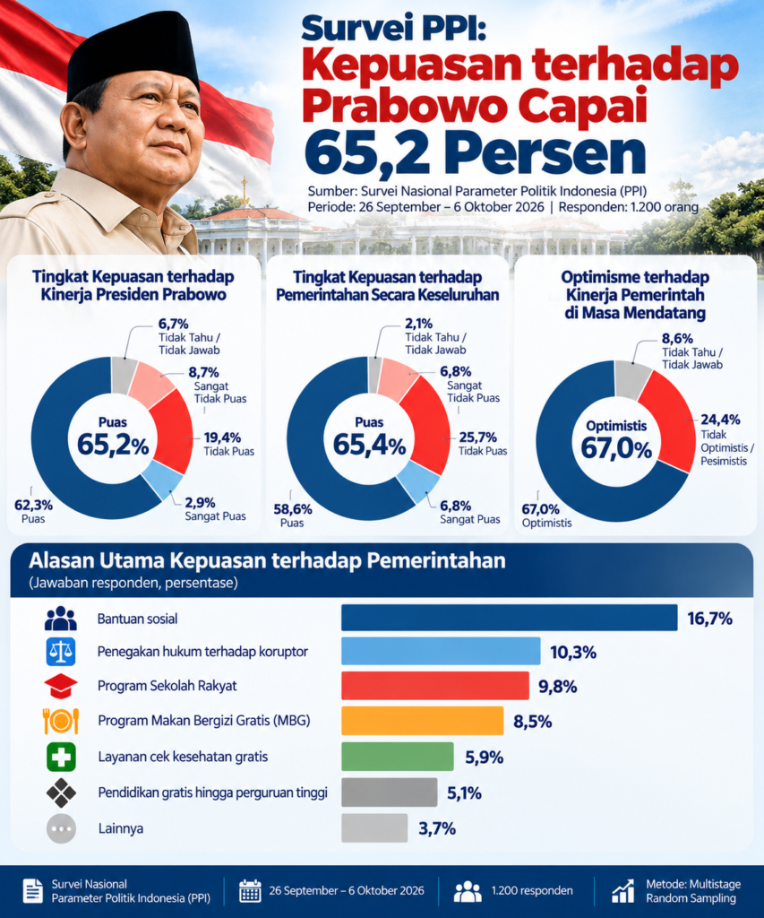 Survei PPI menunjukkan kepuasan terhadap Presiden Prabowo sebesar 65,2 persen, kepuasan pemerintah 65,4 persen, dan optimisme publik 67 persen